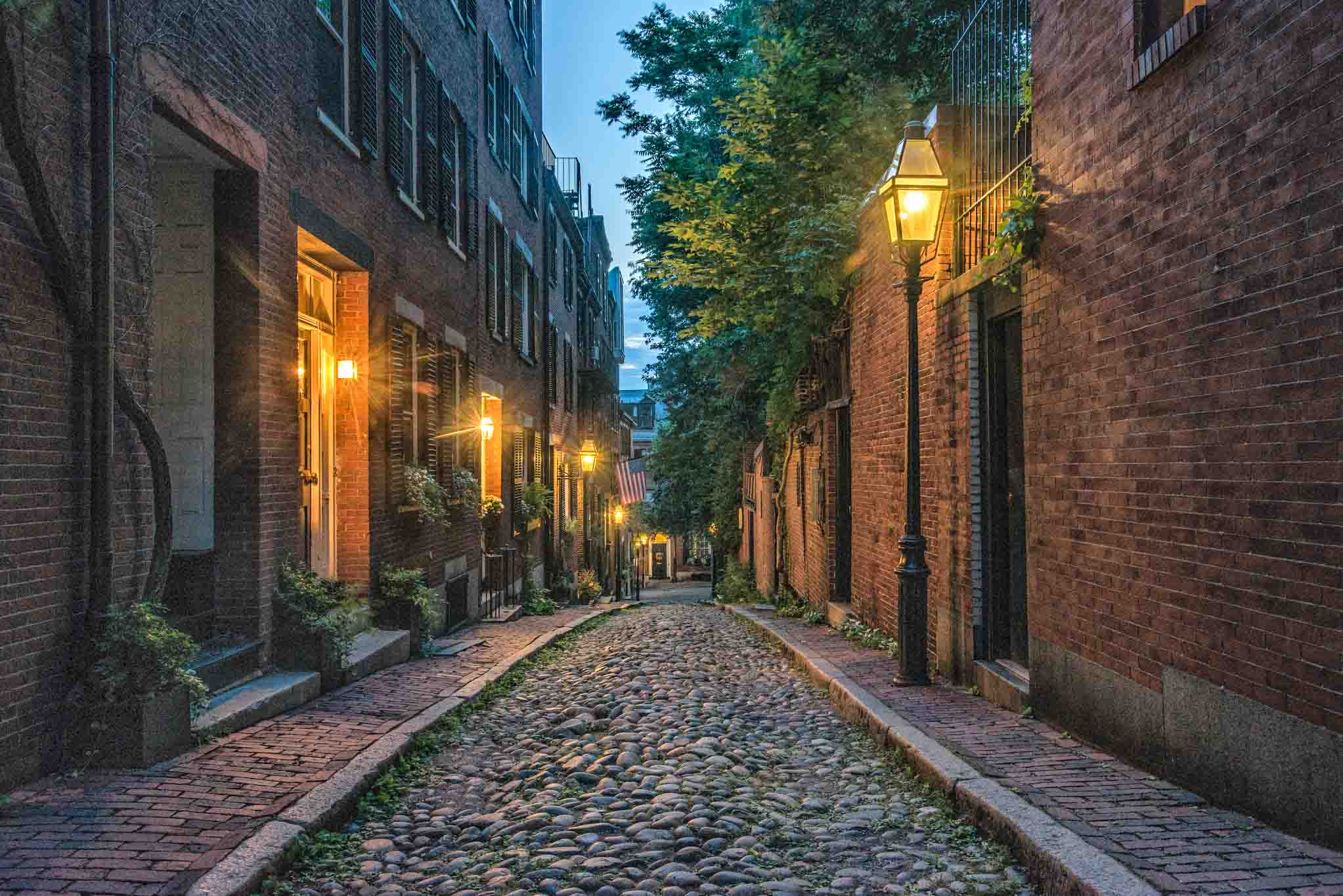 Acorn Street in Boston captured at night.