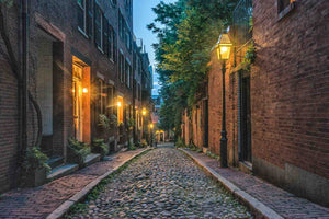 Acorn Street in Boston captured at night.