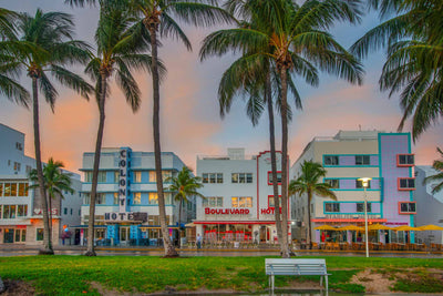 Ocean Drive on South Beach with art deco hotels and architecture.